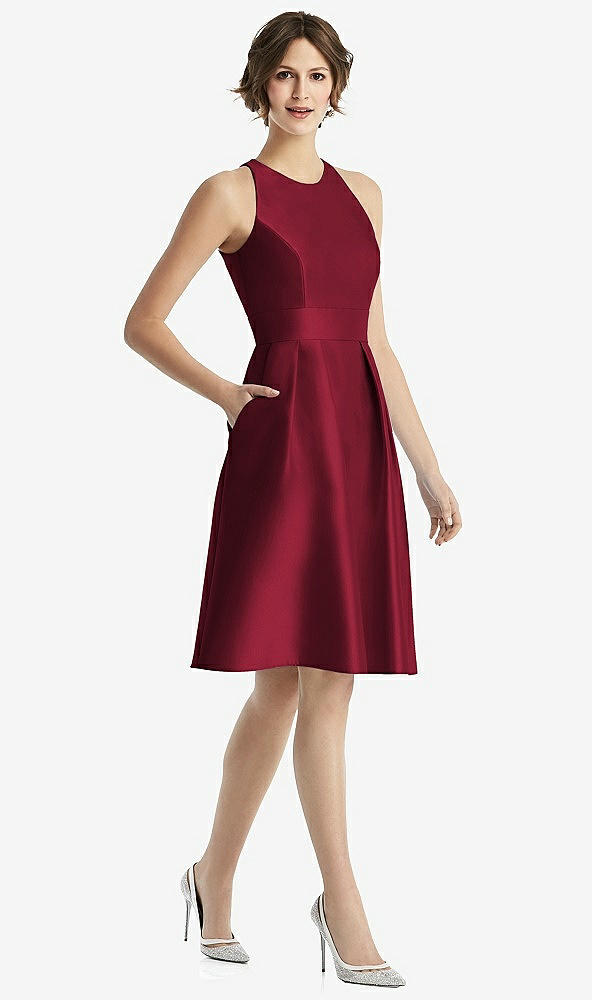 Front View - Burgundy High-Neck Satin Cocktail Dress with Pockets