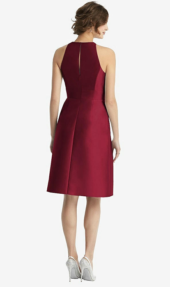 Back View - Burgundy High-Neck Satin Cocktail Dress with Pockets