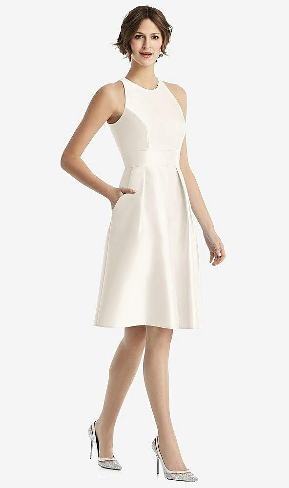 Front View - Ivory High-Neck Satin Cocktail Dress with Pockets