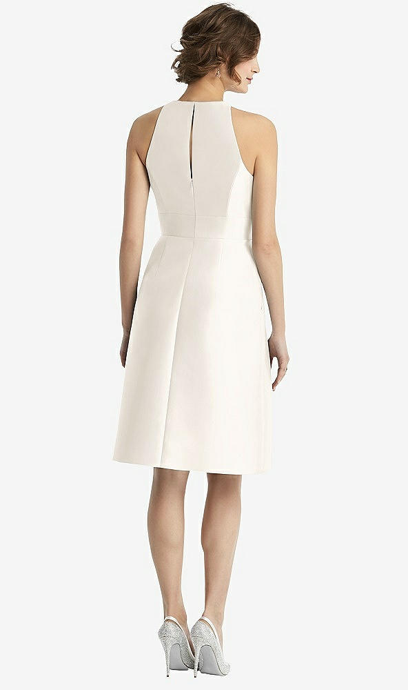 Back View - Ivory High-Neck Satin Cocktail Dress with Pockets