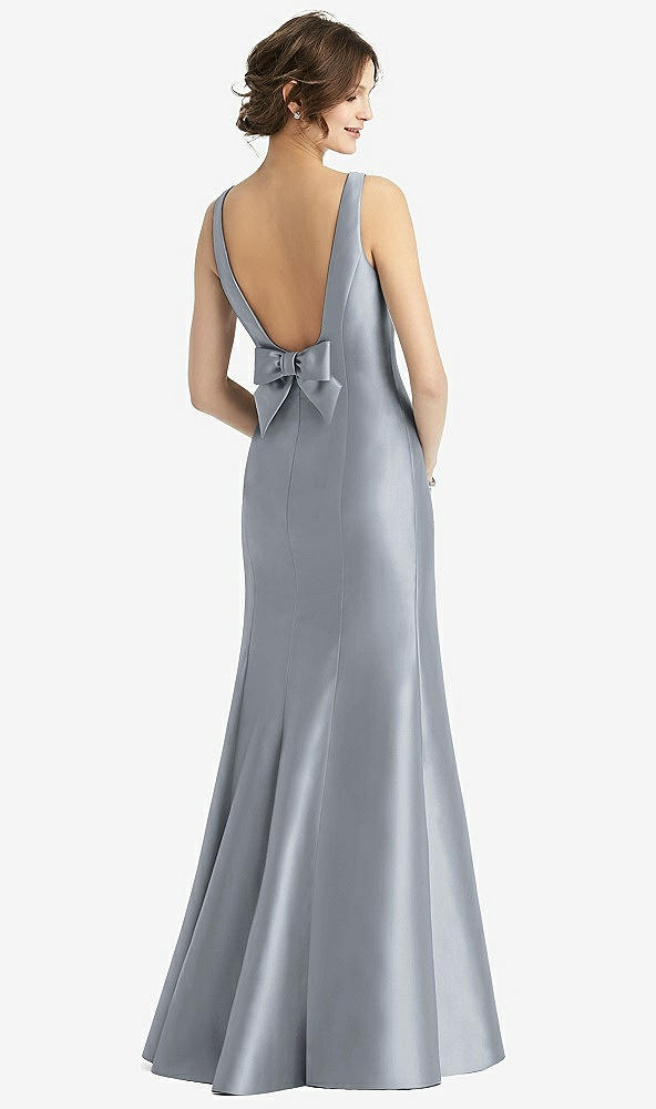 Back View - Platinum Sleeveless Satin Trumpet Gown with Bow at Open-Back