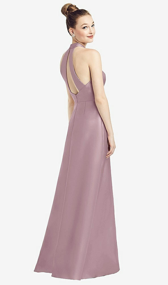 Back View - Dusty Rose High-Neck Cutout Satin Dress with Pockets