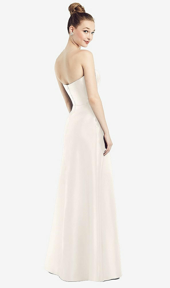 Back View - Ivory Strapless Notch Satin Gown with Pockets