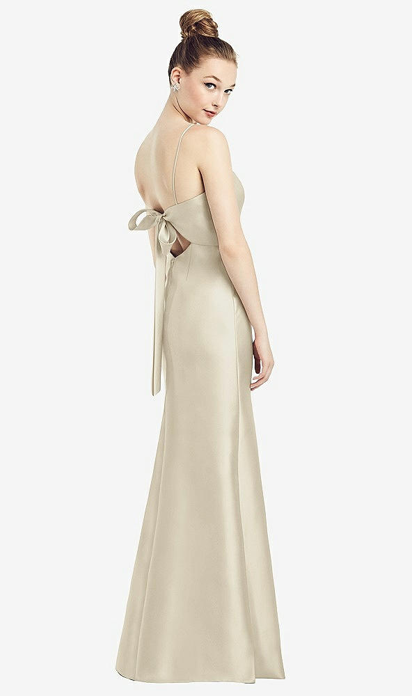 Back View - Champagne Open-Back Bow Tie Satin Trumpet Gown