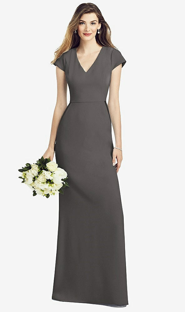 Front View - Caviar Gray Cap Sleeve A-line Crepe Gown with Pockets