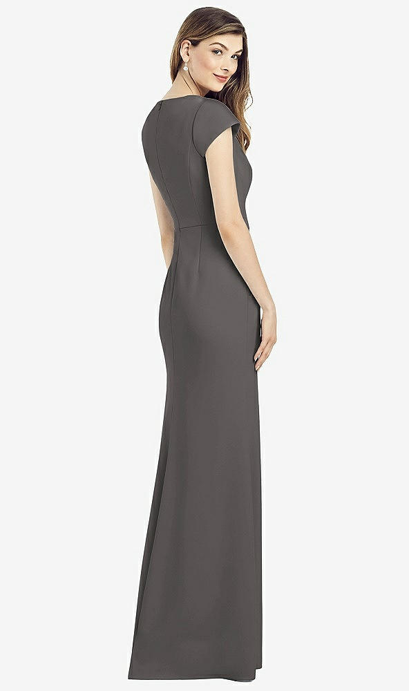 Back View - Caviar Gray Cap Sleeve A-line Crepe Gown with Pockets