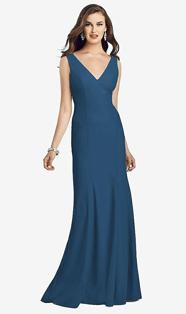 Front View - Dusk Blue Sleeveless Seamed Bodice Trumpet Gown