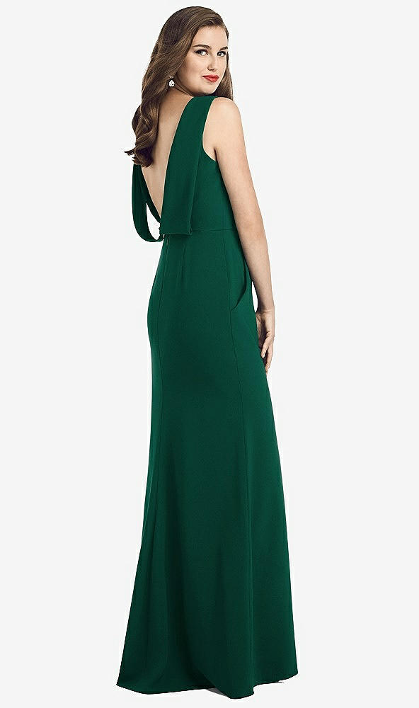 Back View - Hunter Green Draped Backless Crepe Dress with Pockets