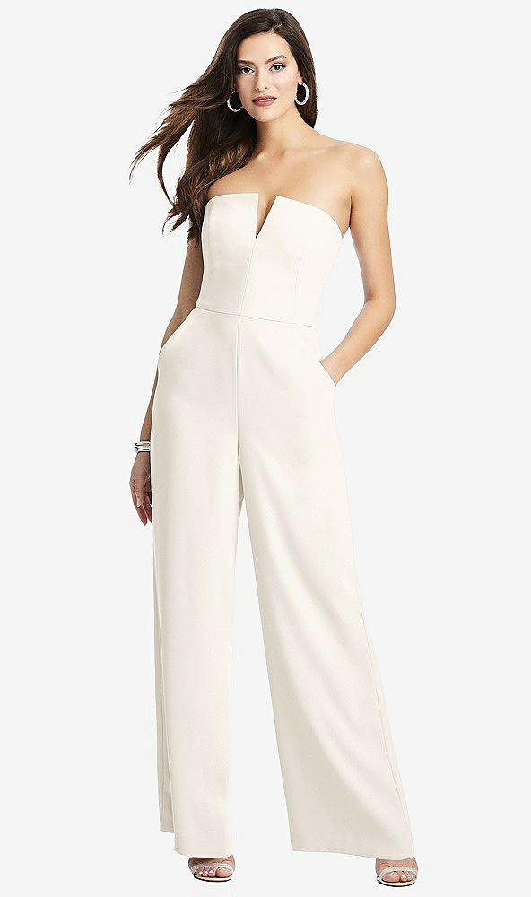 Front View - Ivory Strapless Notch Crepe Jumpsuit with Pockets