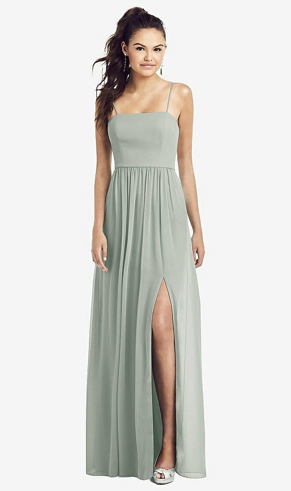 Front View - Willow Green Slim Spaghetti Strap Chiffon Dress with Front Slit 