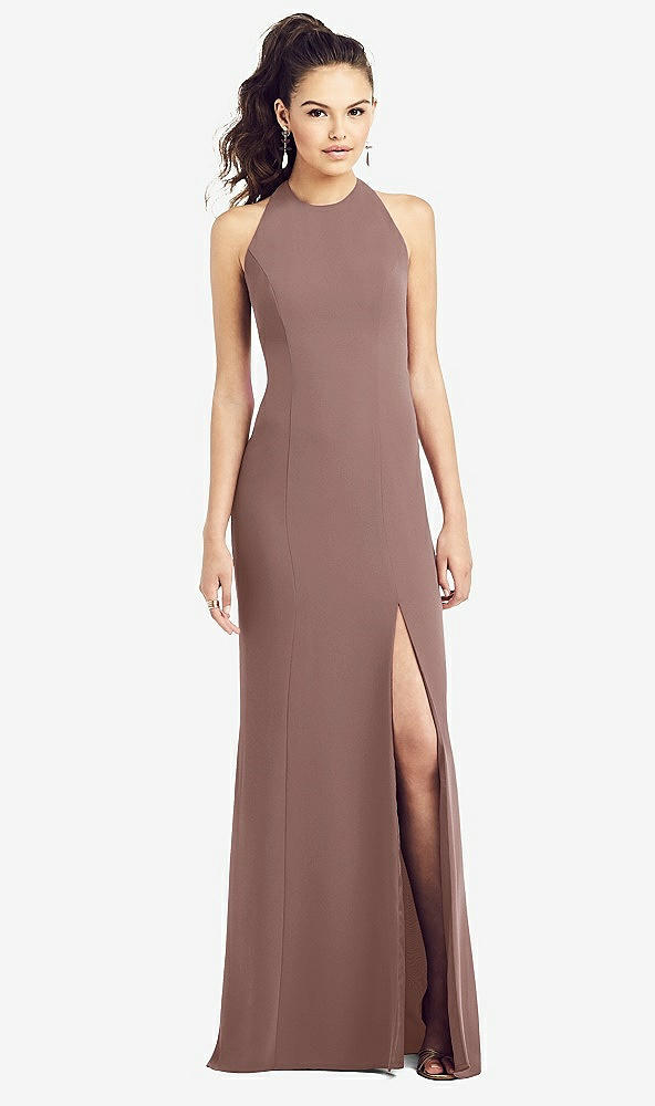 Front View - Sienna Open-Back Jewel Neck Trumpet Gown with Front Slit