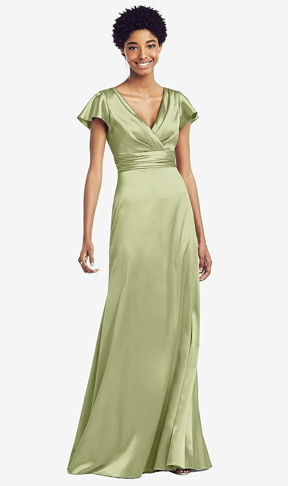 Front View - Mint Flutter Sleeve Draped Wrap Stretch Maxi Dress