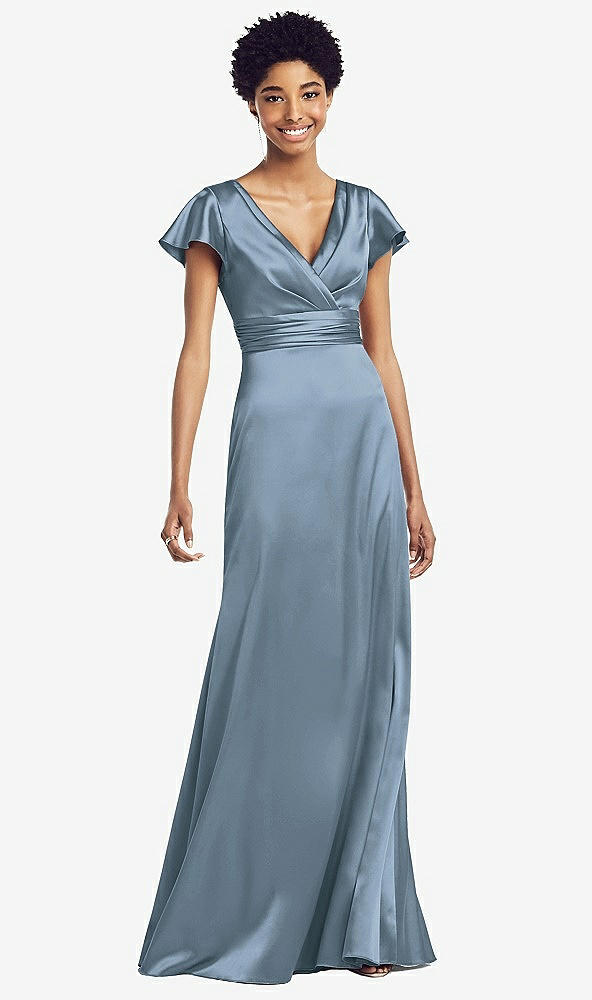 Front View - Slate Flutter Sleeve Draped Wrap Stretch Maxi Dress