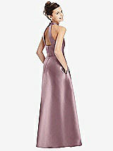 Rear View Thumbnail - Dusty Rose Halter Open-back Satin Juniors Dress with Pockets