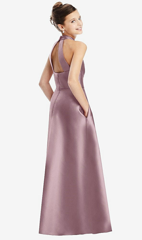 Back View - Dusty Rose Halter Open-back Satin Juniors Dress with Pockets