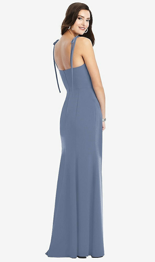 Back View - Larkspur Blue Bustier Crepe Gown with Adjustable Bow Straps