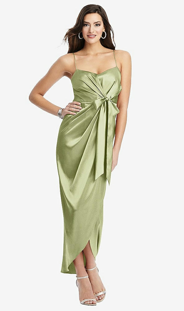 Front View - Mint Faux Wrap Midi Dress with Draped Tulip Skirt