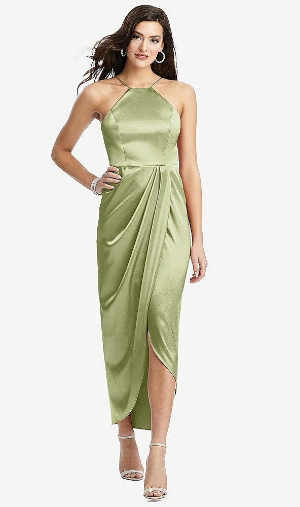 Front View - Mint Halter Midi Dress with Draped Tulip Skirt
