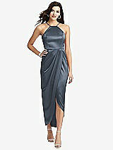 Front View Thumbnail - Silverstone Halter Midi Dress with Draped Tulip Skirt