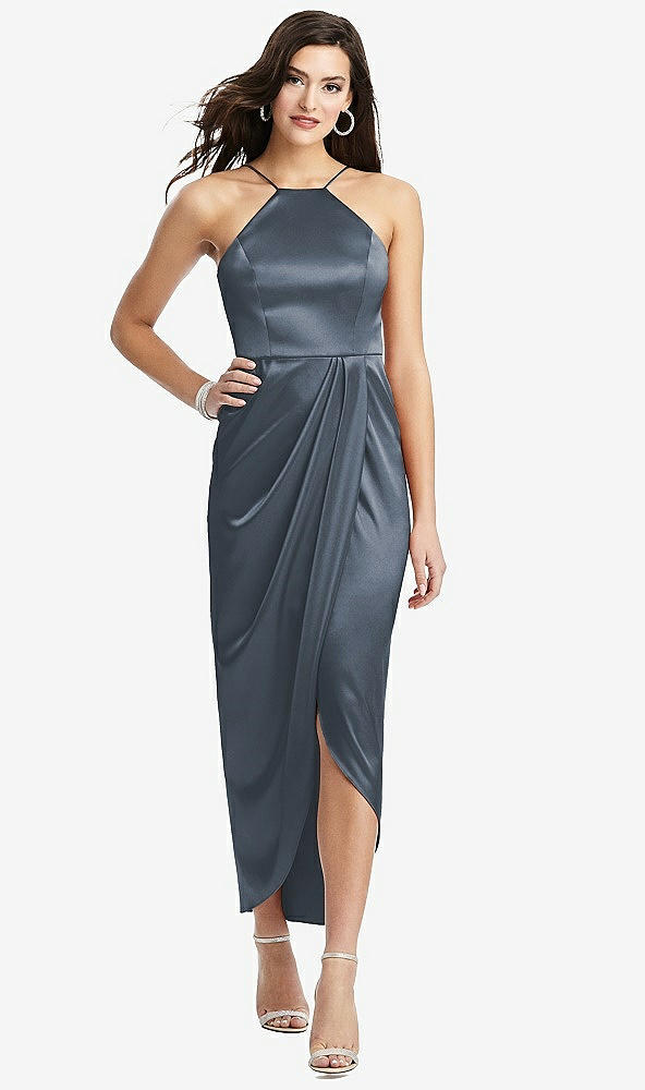Front View - Silverstone Halter Midi Dress with Draped Tulip Skirt