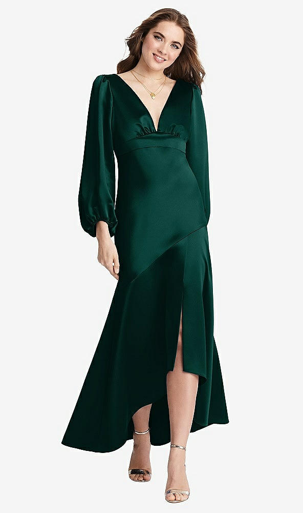 Front View - Evergreen Puff Sleeve Asymmetrical Drop Waist High-Low Slip Dress - Teagan