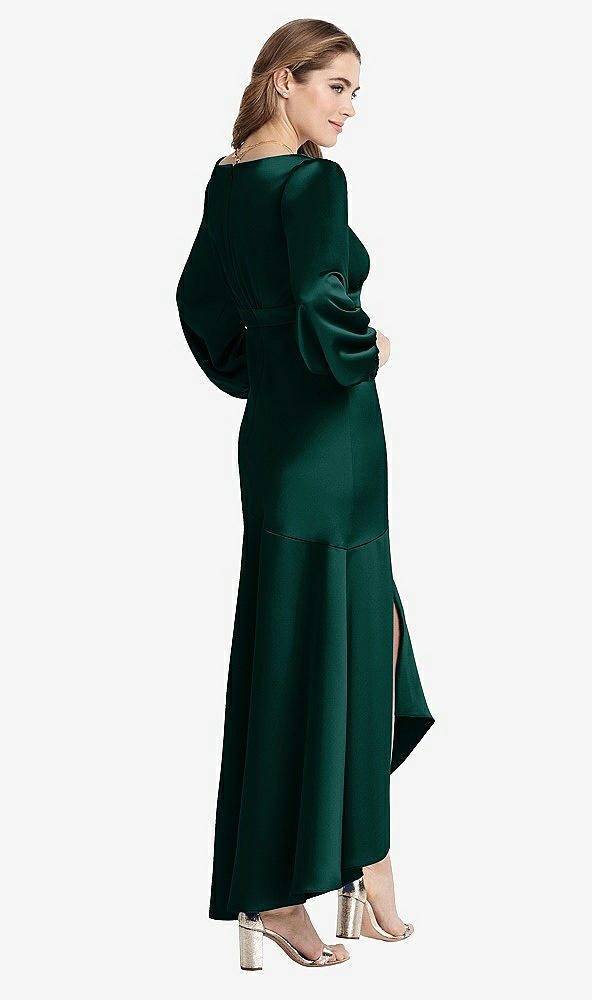 Back View - Evergreen Puff Sleeve Asymmetrical Drop Waist High-Low Slip Dress - Teagan
