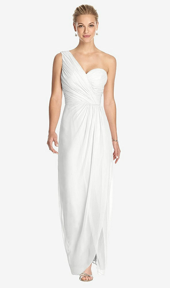 Front View - White One-Shoulder Draped Maxi Dress with Front Slit - Aeryn