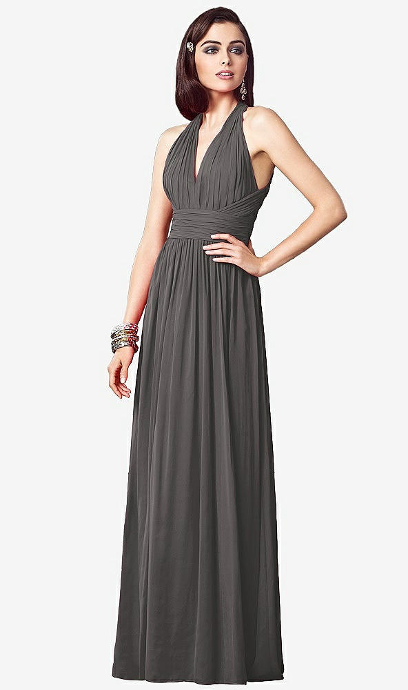 Front View - Caviar Gray Ruched Halter Open-Back Maxi Dress - Jada