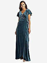 Front View Thumbnail - Dutch Blue Flutter Sleeve Velvet Wrap Maxi Dress with Pockets