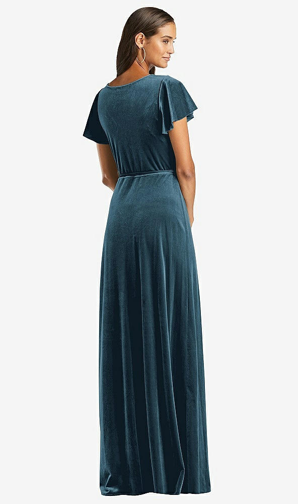 Back View - Dutch Blue Flutter Sleeve Velvet Wrap Maxi Dress with Pockets