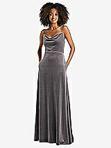 Front View Thumbnail - Caviar Gray Cowl-Neck Velvet Maxi Dress with Pockets