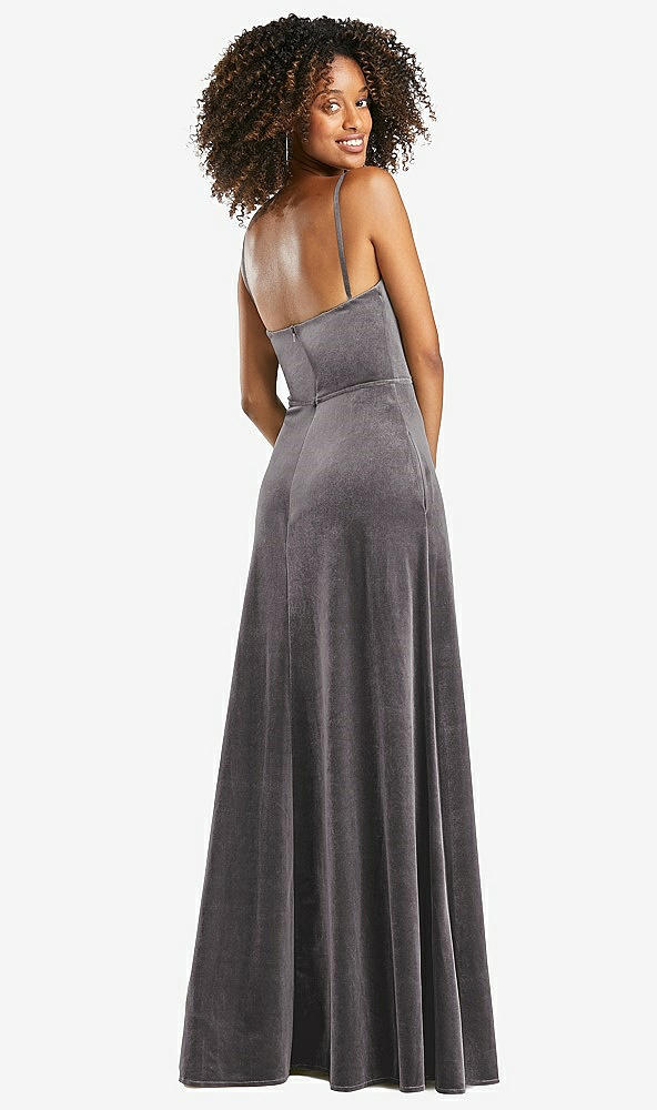 Back View - Caviar Gray Cowl-Neck Velvet Maxi Dress with Pockets