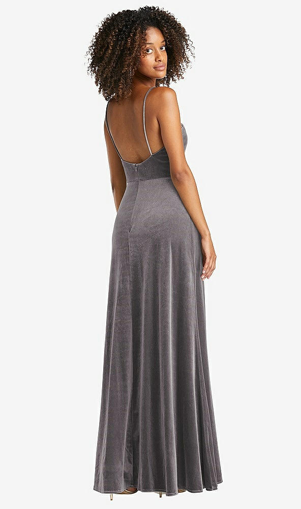 Back View - Caviar Gray Square Neck Velvet Maxi Dress with Front Slit - Drew