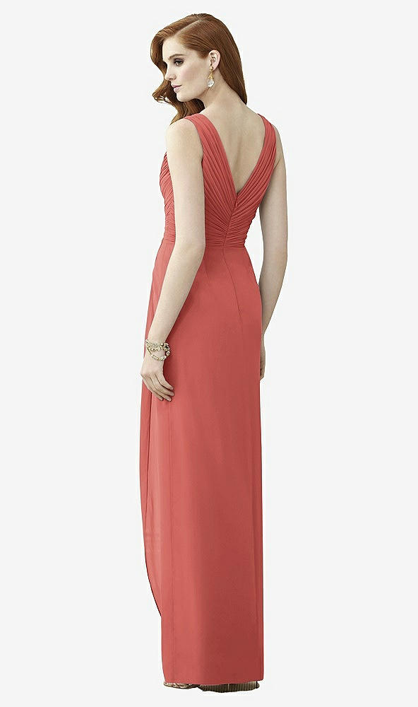 Back View - Coral Pink Sleeveless Draped Faux Wrap Maxi Dress - Dahlia