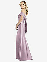 Side View Thumbnail - Suede Rose Off-the-Shoulder Bow-Back Satin Trumpet Gown