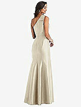 Rear View Thumbnail - Champagne Bow One-Shoulder Satin Trumpet Gown
