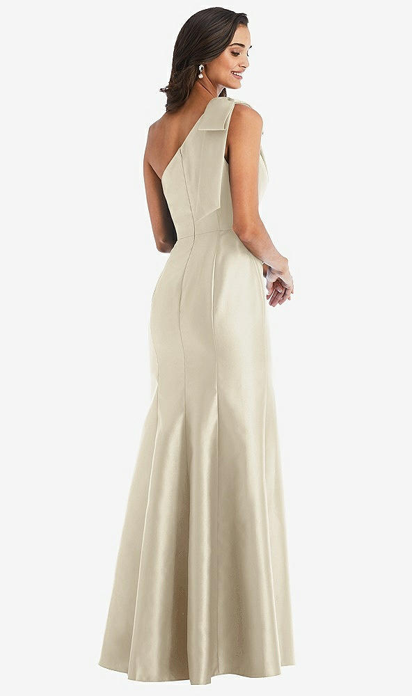 Back View - Champagne Bow One-Shoulder Satin Trumpet Gown