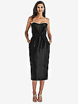 Front View Thumbnail - Black Strapless Bow-Waist Pleated Satin Pencil Dress with Pockets