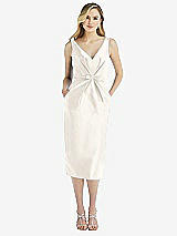 Front View Thumbnail - Ivory Sleeveless Bow-Waist Pleated Satin Pencil Dress with Pockets