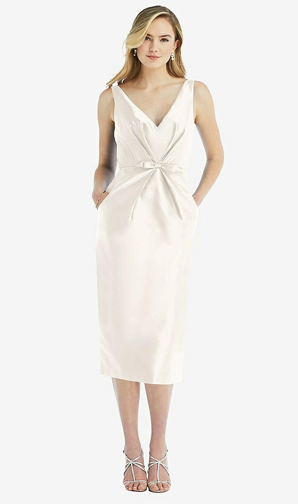 Front View - Ivory Sleeveless Bow-Waist Pleated Satin Pencil Dress with Pockets