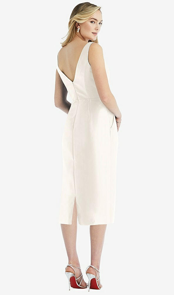 Back View - Ivory Sleeveless Bow-Waist Pleated Satin Pencil Dress with Pockets