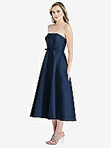 Side View Thumbnail - Midnight Navy Strapless Bow-Waist Full Skirt Satin Midi Dress