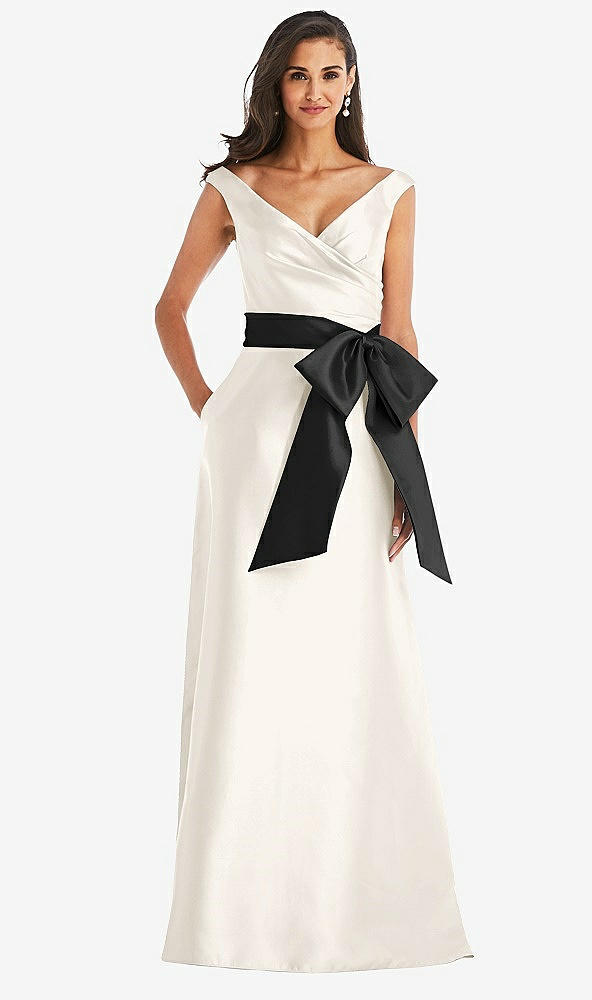 Front View - Ivory & Black Off-the-Shoulder Bow-Waist Maxi Dress with Pockets