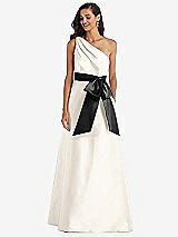 Front View Thumbnail - Ivory & Black One-Shoulder Bow-Waist Maxi Dress with Pockets