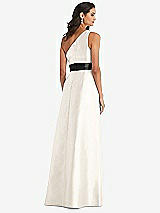 Rear View Thumbnail - Ivory & Black One-Shoulder Bow-Waist Maxi Dress with Pockets