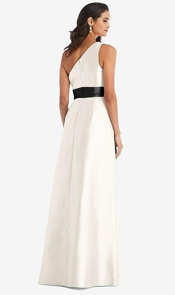 Back View - Ivory & Black One-Shoulder Bow-Waist Maxi Dress with Pockets