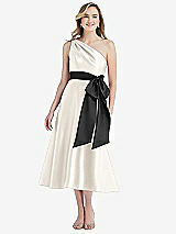 Front View Thumbnail - Ivory & Black One-Shoulder Bow-Waist Midi Dress with Pockets