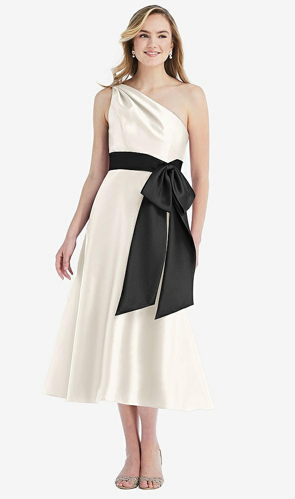 Front View - Ivory & Black One-Shoulder Bow-Waist Midi Dress with Pockets