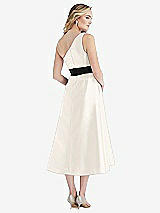 Rear View Thumbnail - Ivory & Black One-Shoulder Bow-Waist Midi Dress with Pockets