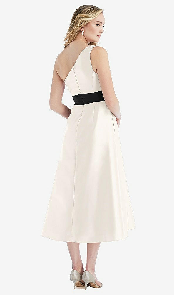 Back View - Ivory & Black One-Shoulder Bow-Waist Midi Dress with Pockets